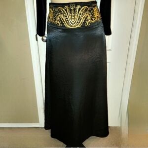 Le Chateau black satin maxi skirt with  gold embroidery at waist size 10…